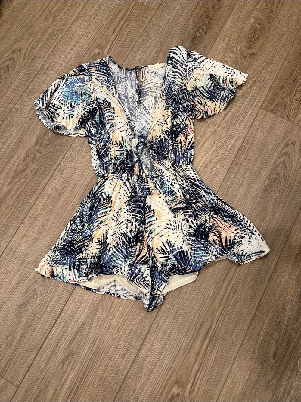 lovestitch Navy, White and Peach Palm-Print Romper